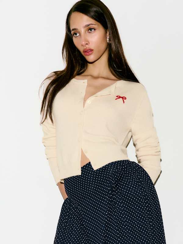 Clara Cashmere Crew Cardigan - Bow Embroidery